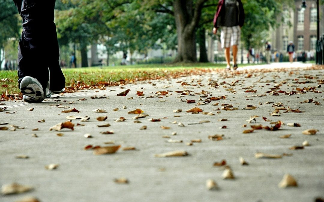 Student walking on campus with fall leaves on sidewalk