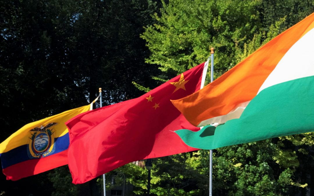 The flags of Ecuador, China and India on Penn State's University Park campus.